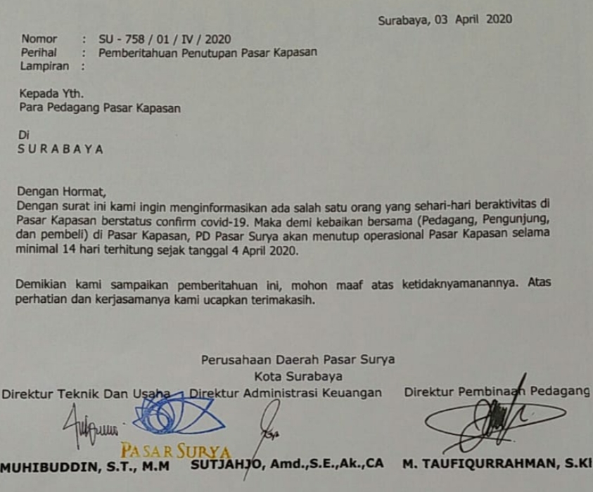 Surat Edaran PD Surya Surabaya tentang Penutupan Pasar Kapasan dua pekan kedepan