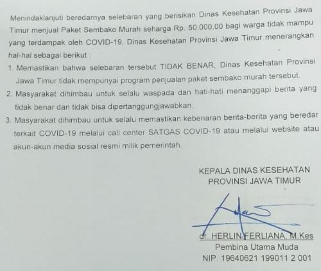 Edaran Klarifikasi Kepala Dinas Kesehatan Jawa Timur