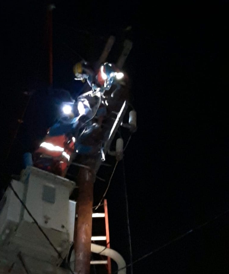 Petugas PLN sedang memperbaiki Saluran Udara Tegangan Menengah yang rusak (ist)