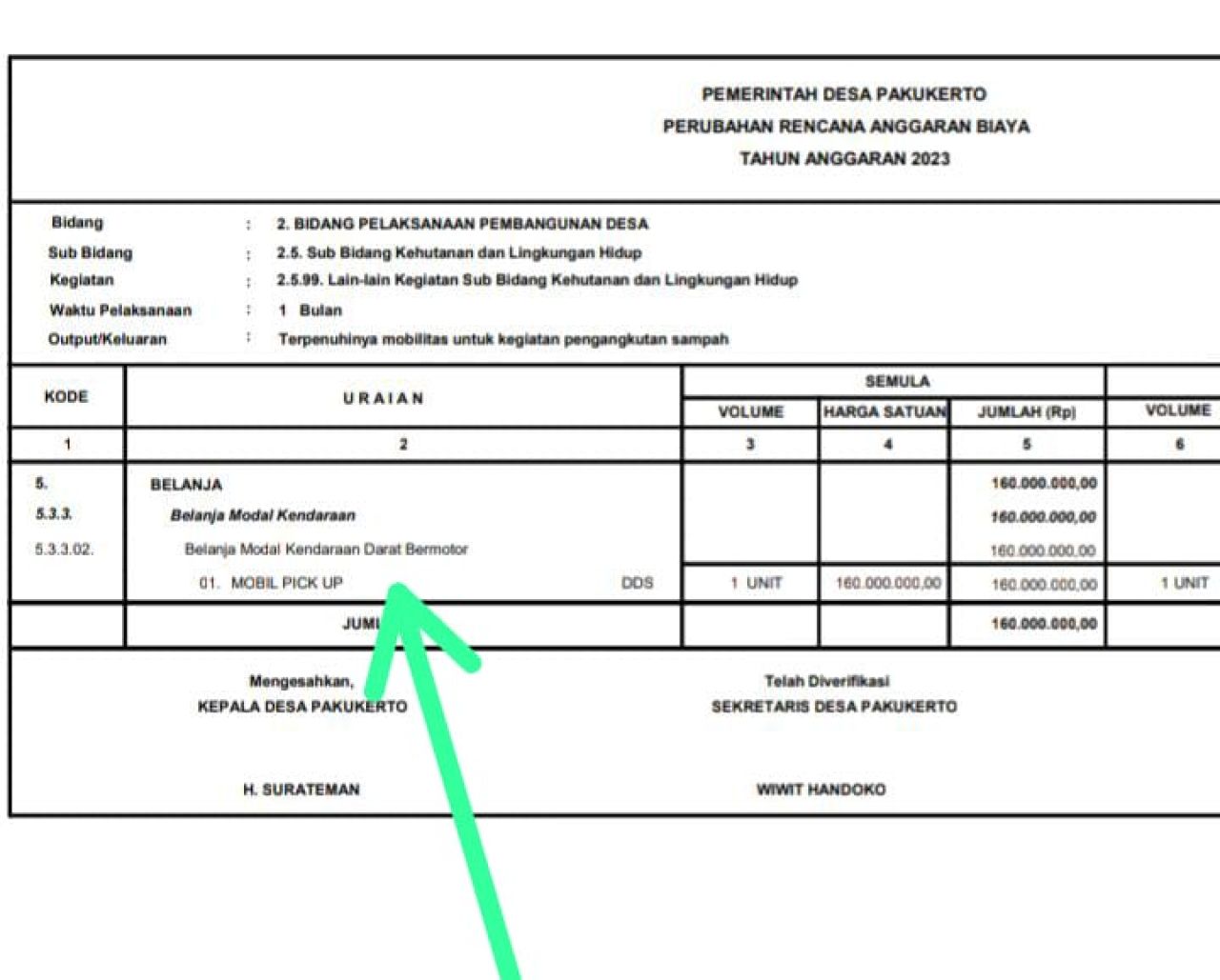 Dokumen belanja modal mobil pick up yang diduga ada cashback Rp 40 juta