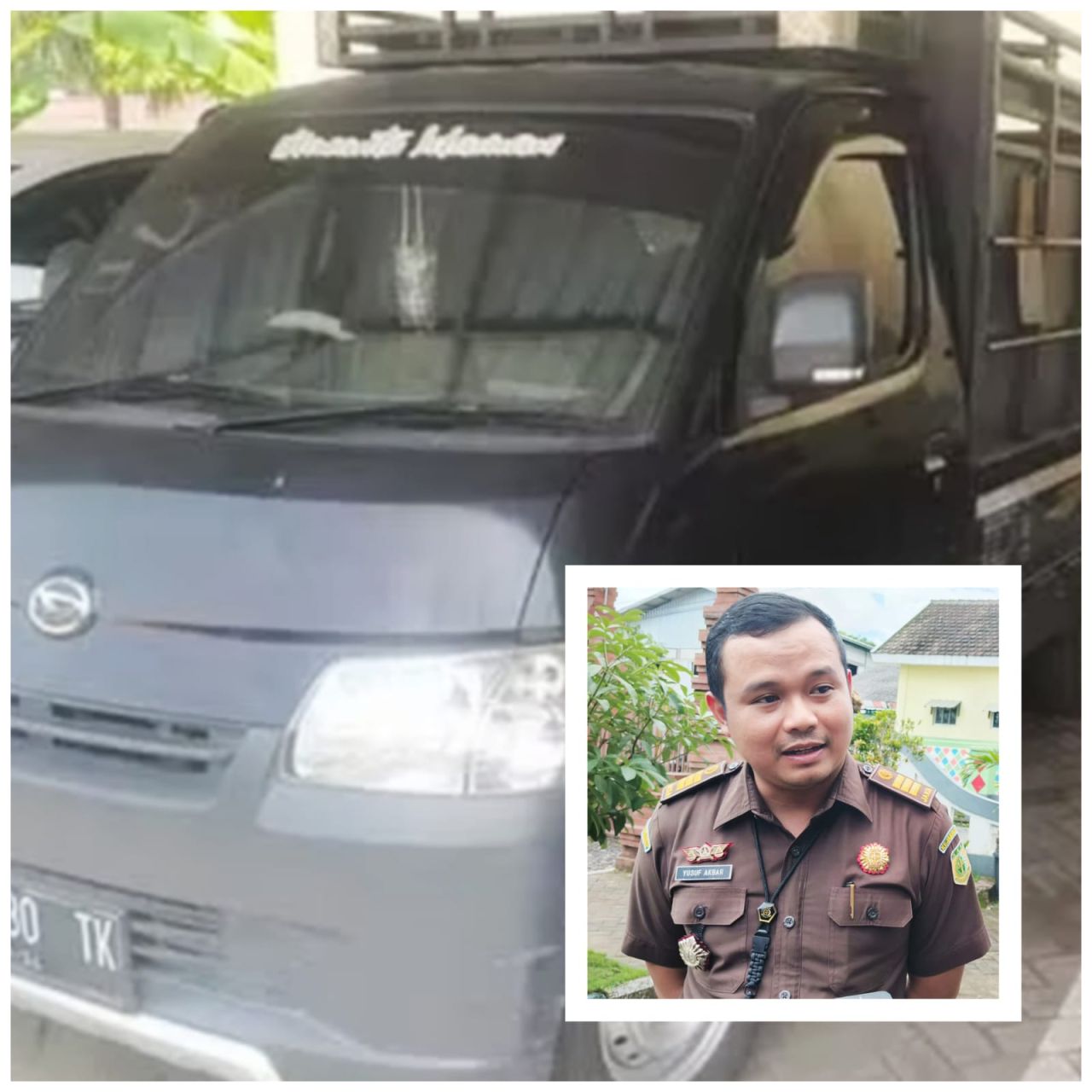 Mobil Pick Up diduga muat pupuk subsidi diamankan petugas. Inzet : Yusuf Akbar Amin, Kasi Pidum Kejari Kabupaten Pasuruan.