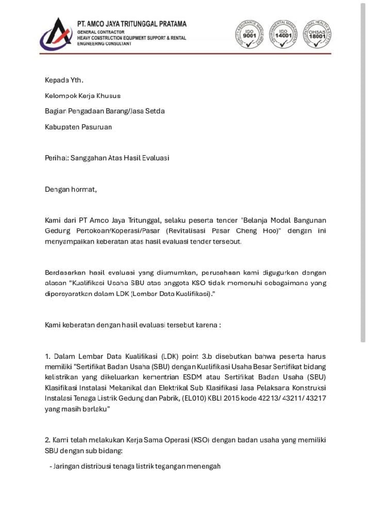 Surat Sanggahan PT AJT yang layangan ke Kelompok Kerja Khusus Sekda Kabupaten Pasuruan.