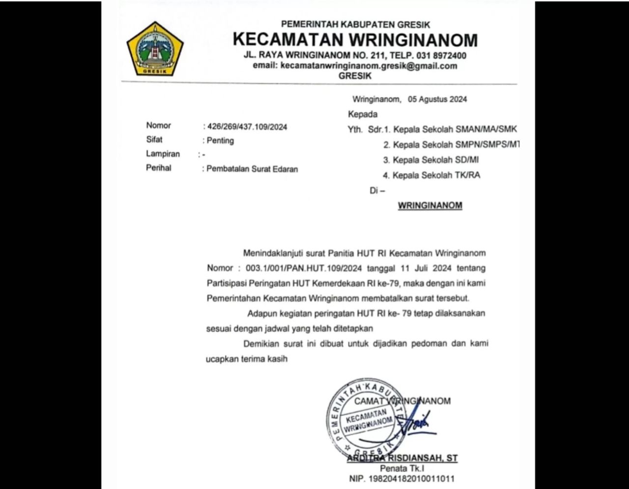 Surat dari Camat Wringinanom