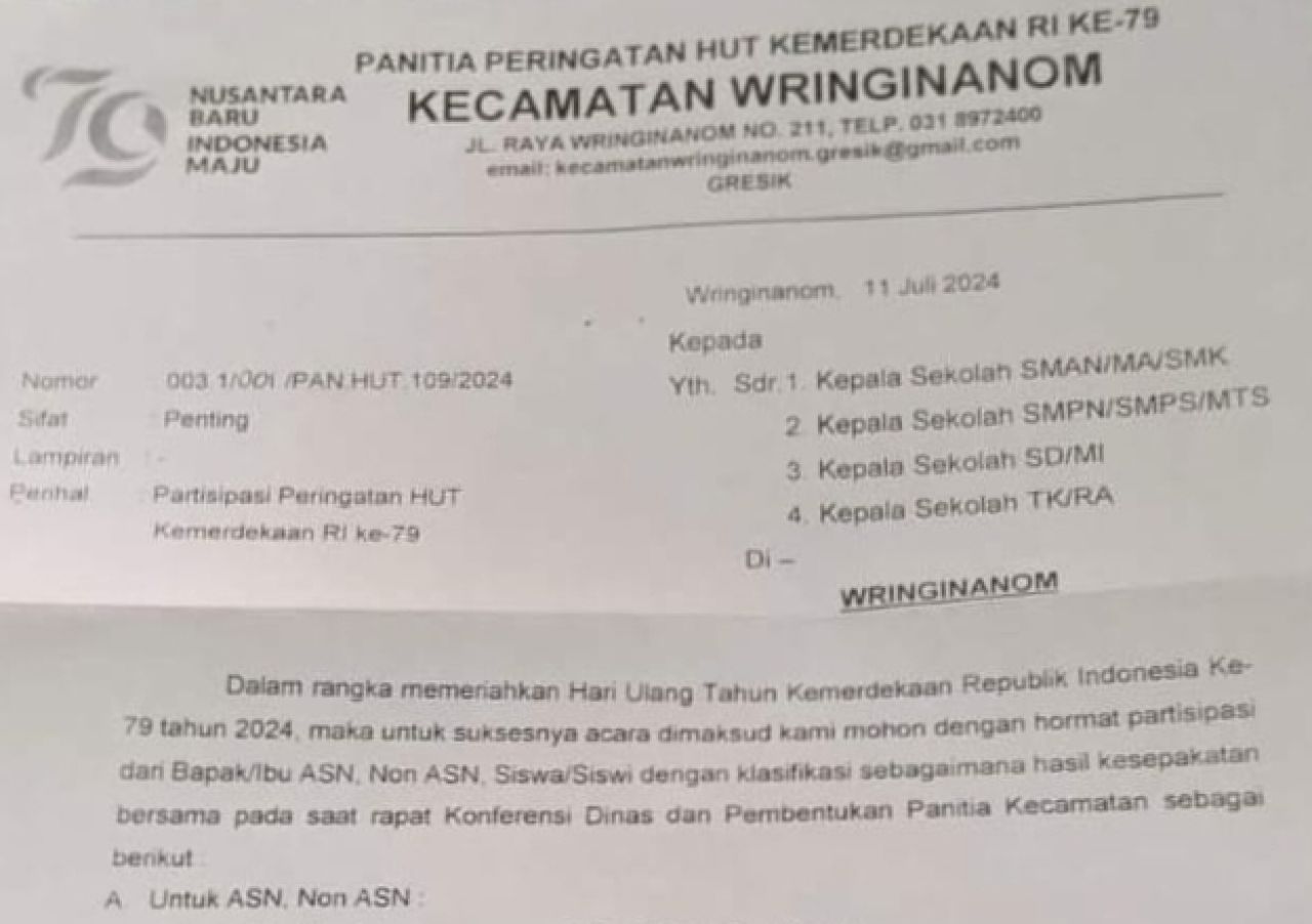 Surat edaran yang ditandatangani Camat Wringinanom