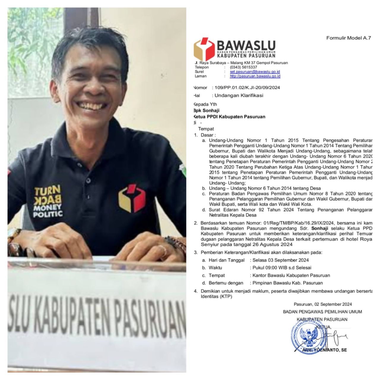 Arie Yoenianto Ketua Bawaslu Kabupaten Pasuruan. Inzet Bukti Surat Panggilan