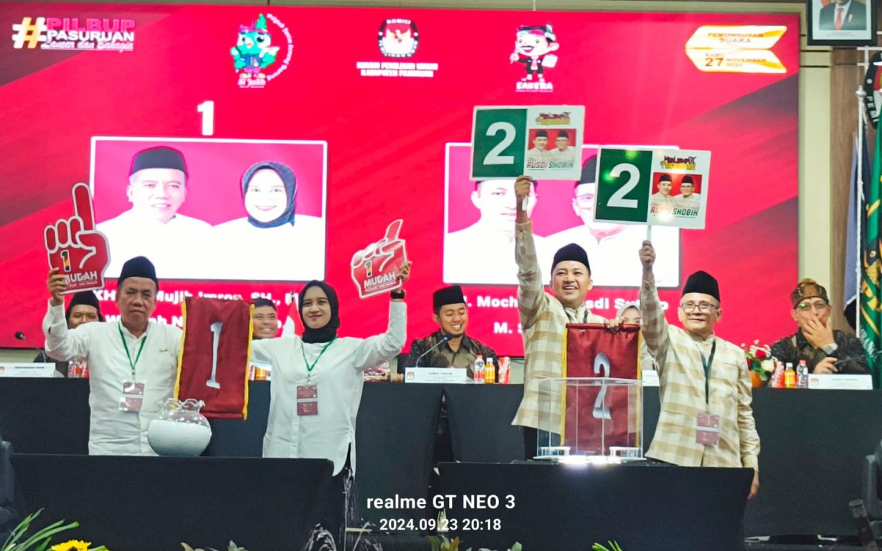 Dua Pasangan Bupati dan Wakil Bupati Kabupaten Pasuruan menunjukan nomer urut