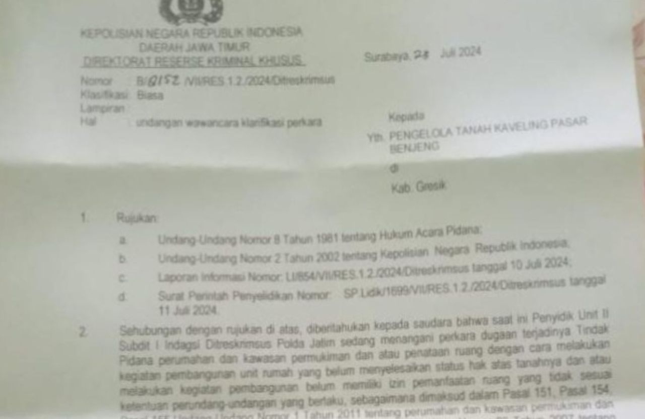 Surat panggilan dari Polda Jatim