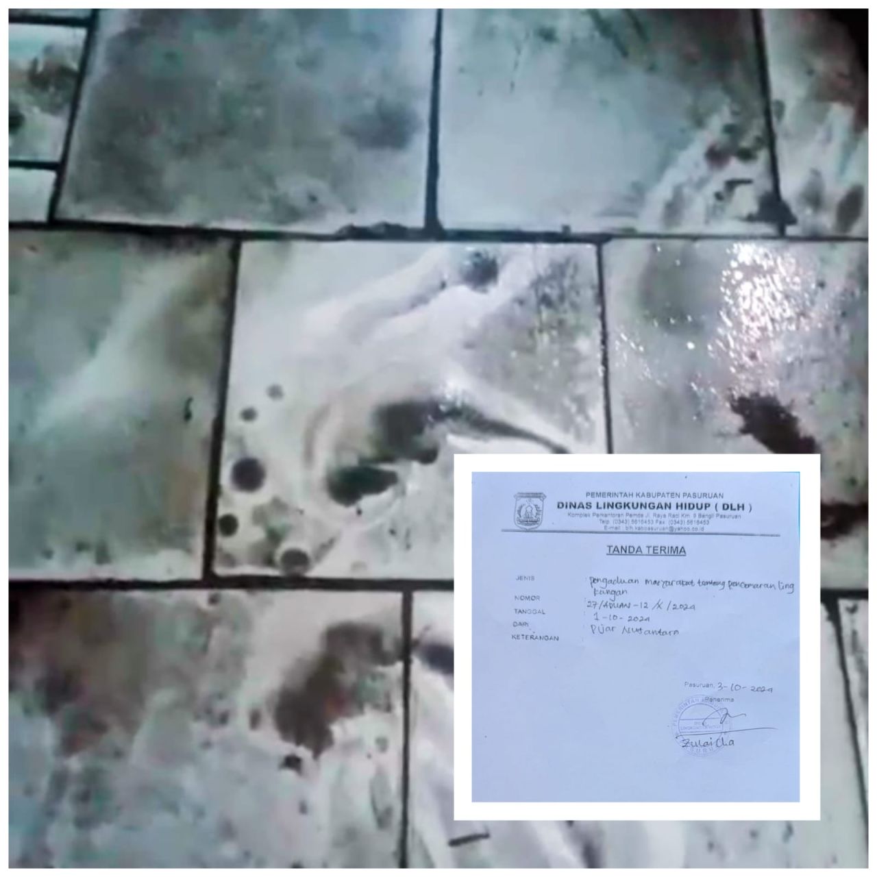 Lantai rumah warga kotor berdebu akibat aktifitas PT Cargil yang menggunakan batu bara. Inzet : surat aduan warga ke DLH