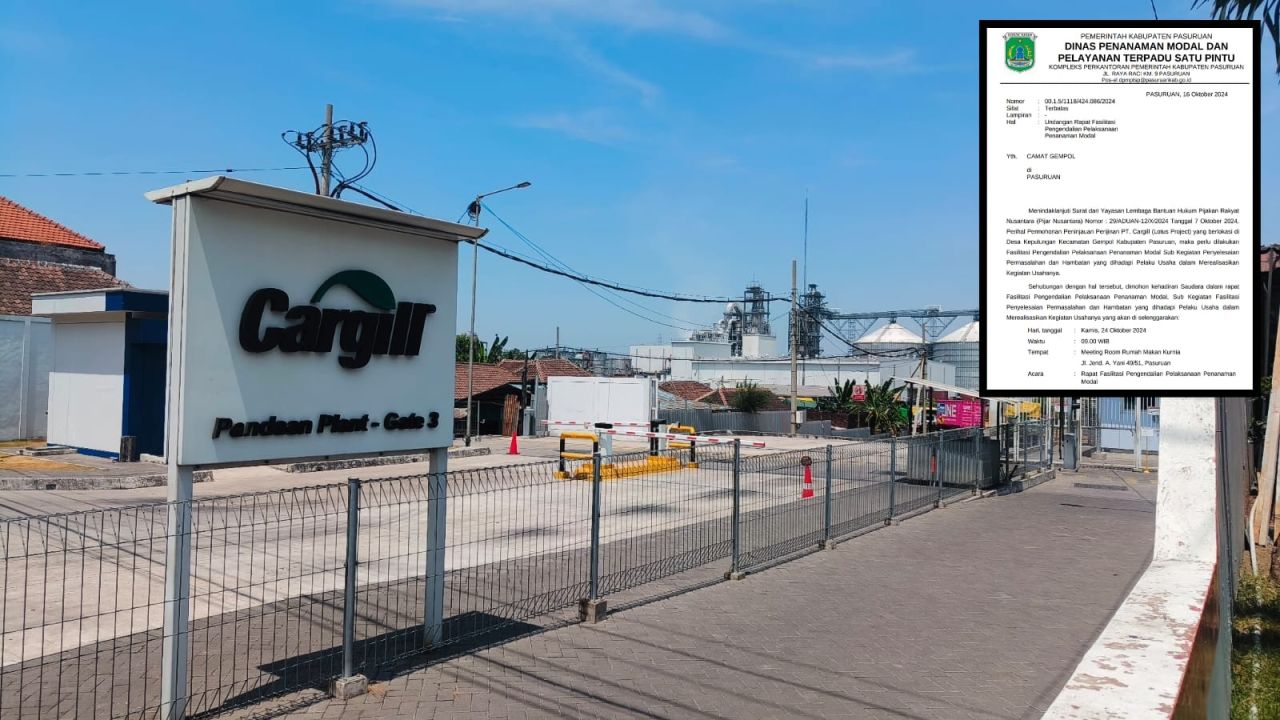 PT Cargil diduga cemari lingkungan sekitar. Inzet : Surat undangan DPMPT Kabupaten Pasuruan