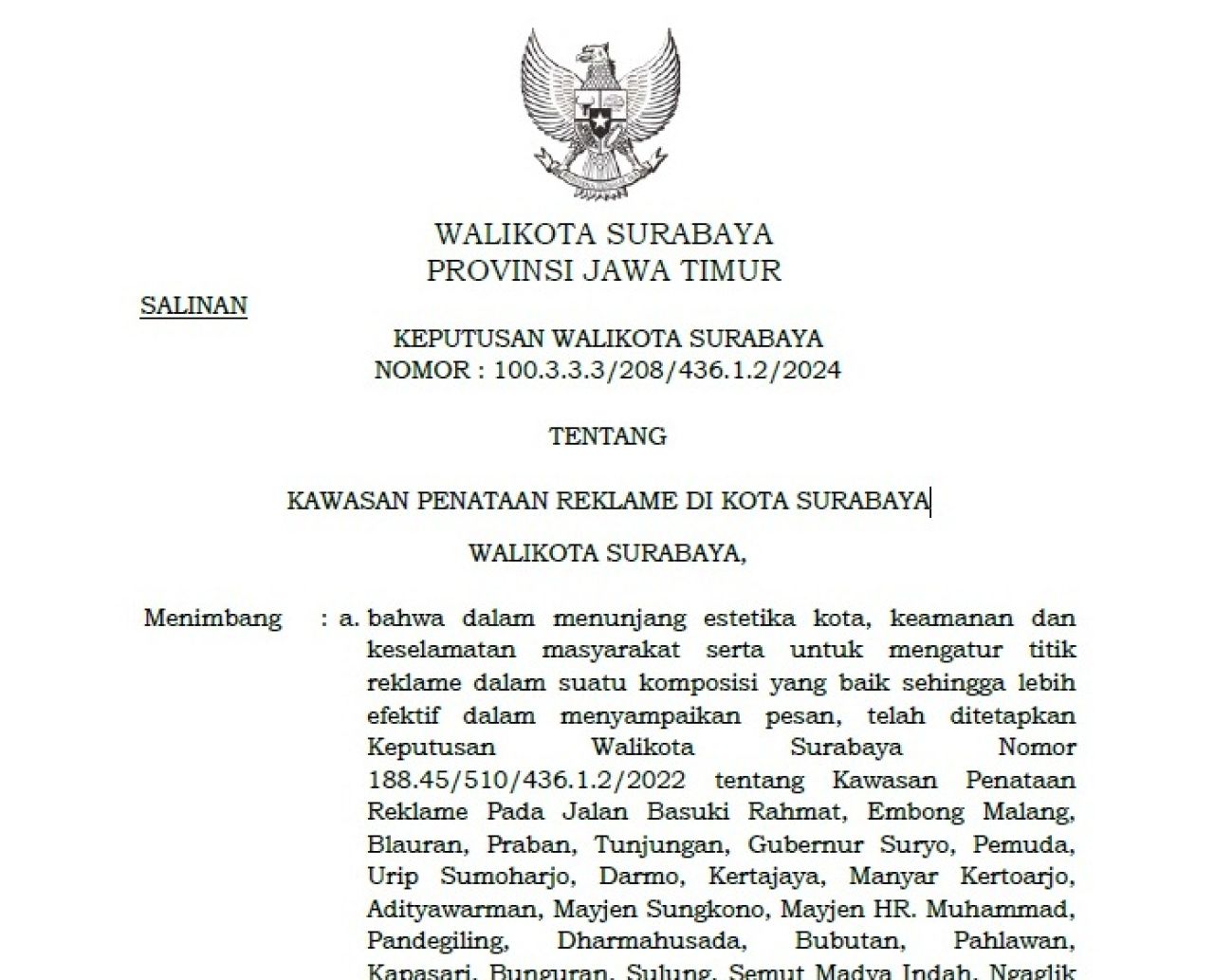 eputusan Walikota Surabaya nomor 100.3.3.3/208/436.1.2/2024