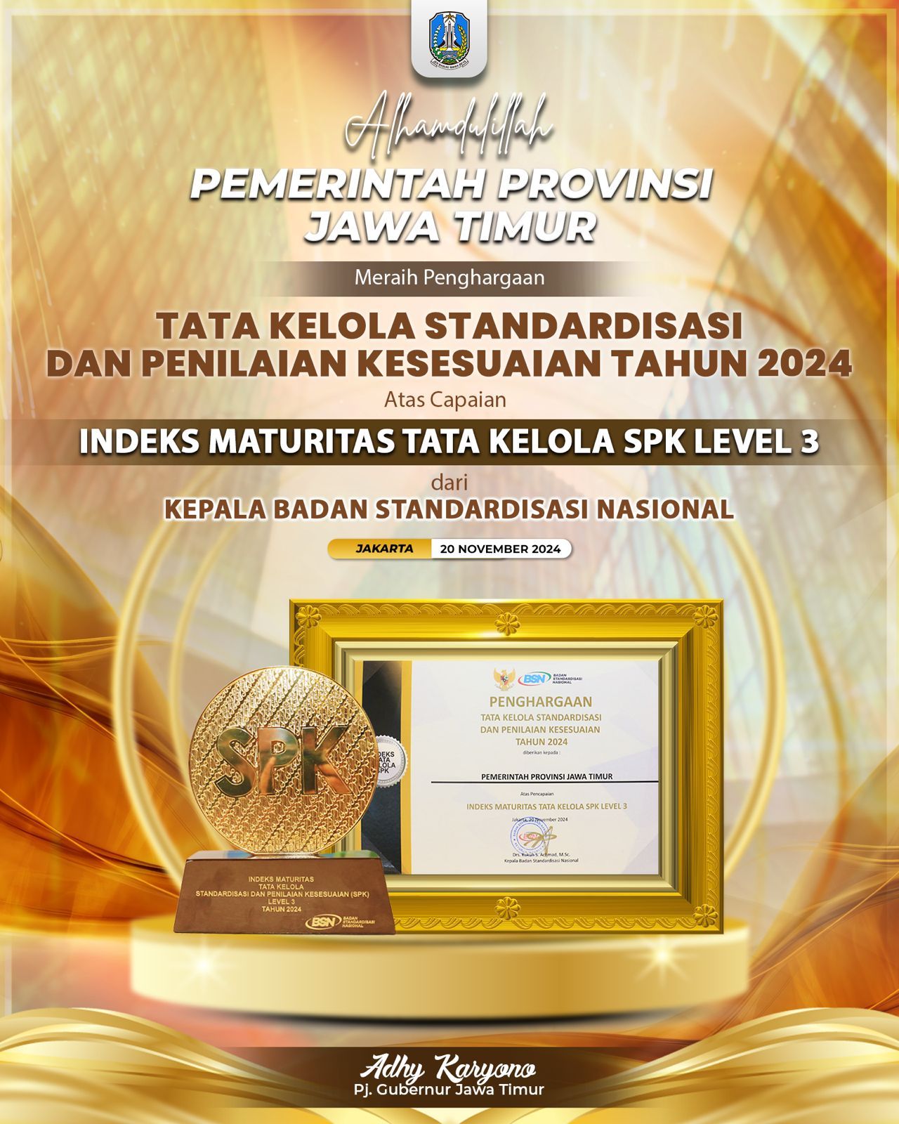 Pemprov Jatim Raih Penghargaan dari BSN Terkait Implementasikan Tata Kelola SPK Efektif Dan Terukur