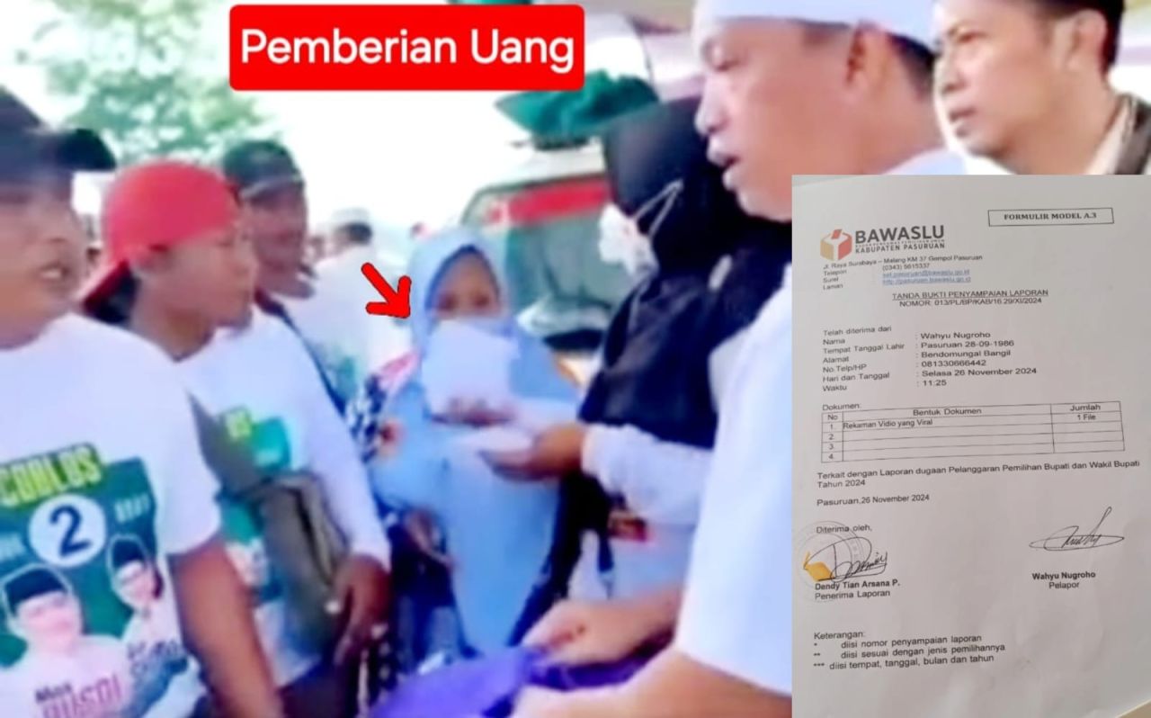 Terekam video bagi-bagi beras dan uang dilapangan Sambirejo-Rejoso. Inzet : Bukti laporan Bawaslu