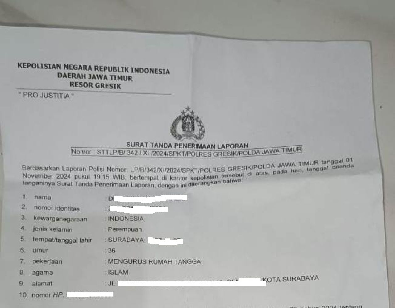 Bukti laporan DFA di Polres Gresik