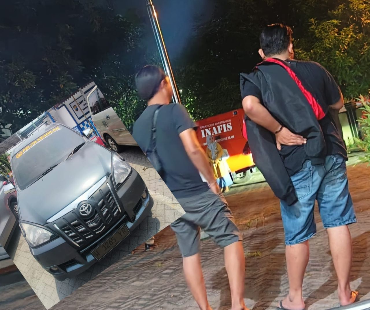 Polisi saat oleh TKP di halaman Polsek Bangil. Inzet : Mobil Avanza bertulisan "Pelita Keadilan" disita polisi