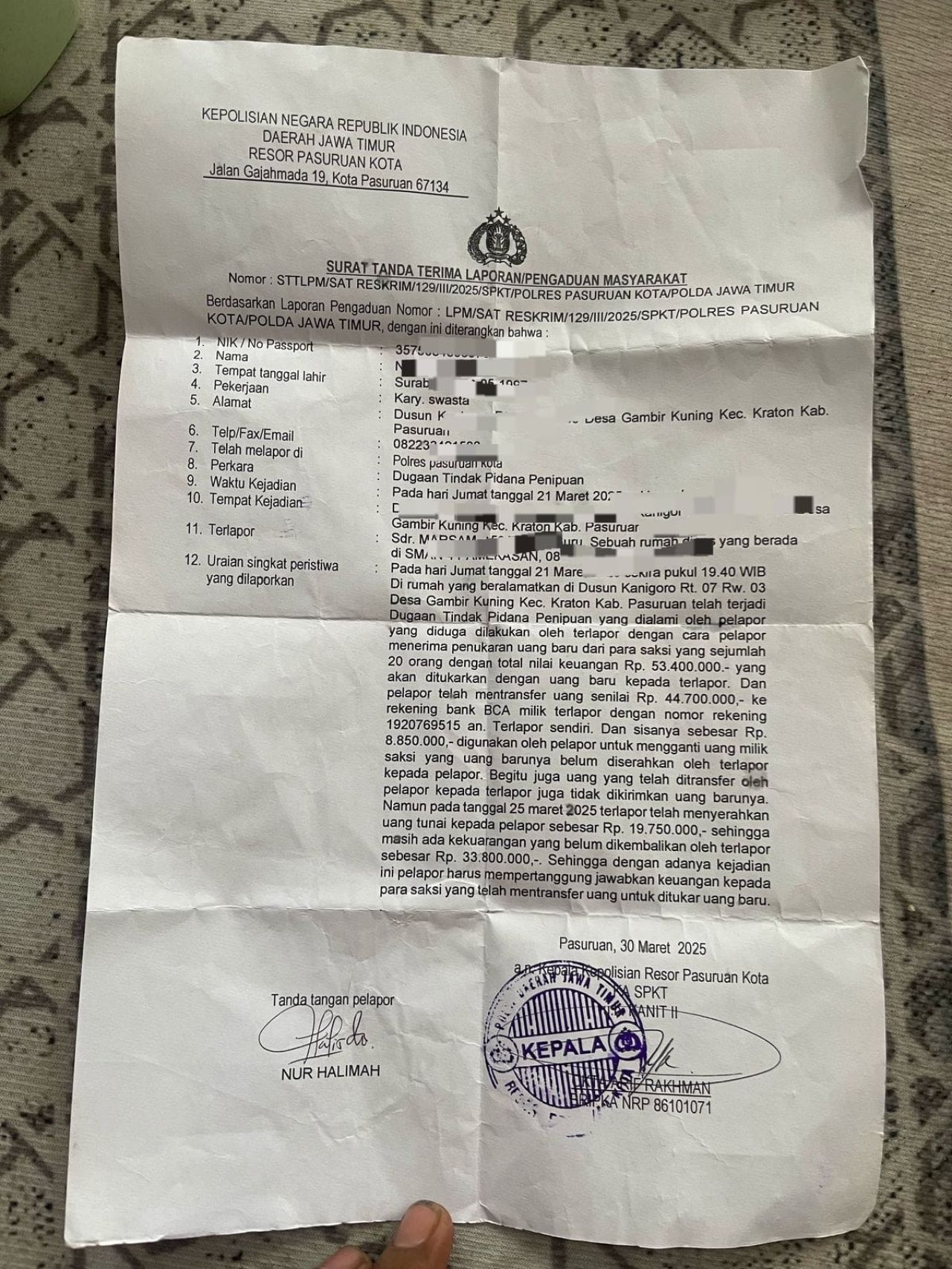 Bukti tanda terima aduan Korban ke polisi