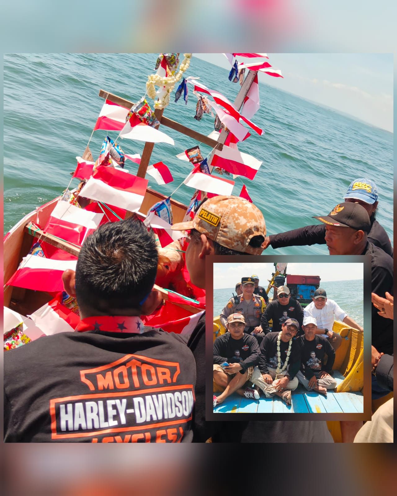 Warga desa Kalirejo saat larung sesaji ke tengah laut