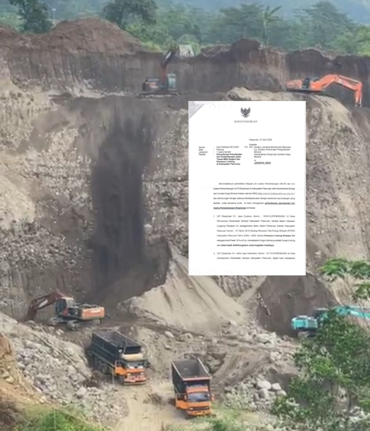 Lokasi Tambang milik CV JC Desa Wonosunyo, Gempol. Inzet : Surat permohonan pencabutan izin tambang dibuat mantan Bupati Pasuruan, Irsyad Yusuf