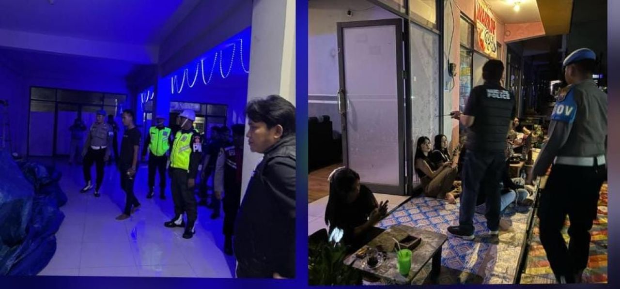 Petugas gabungan saat melakukan razia di sebuah cafe di Gempol 9 dan Meiko, Klangkung