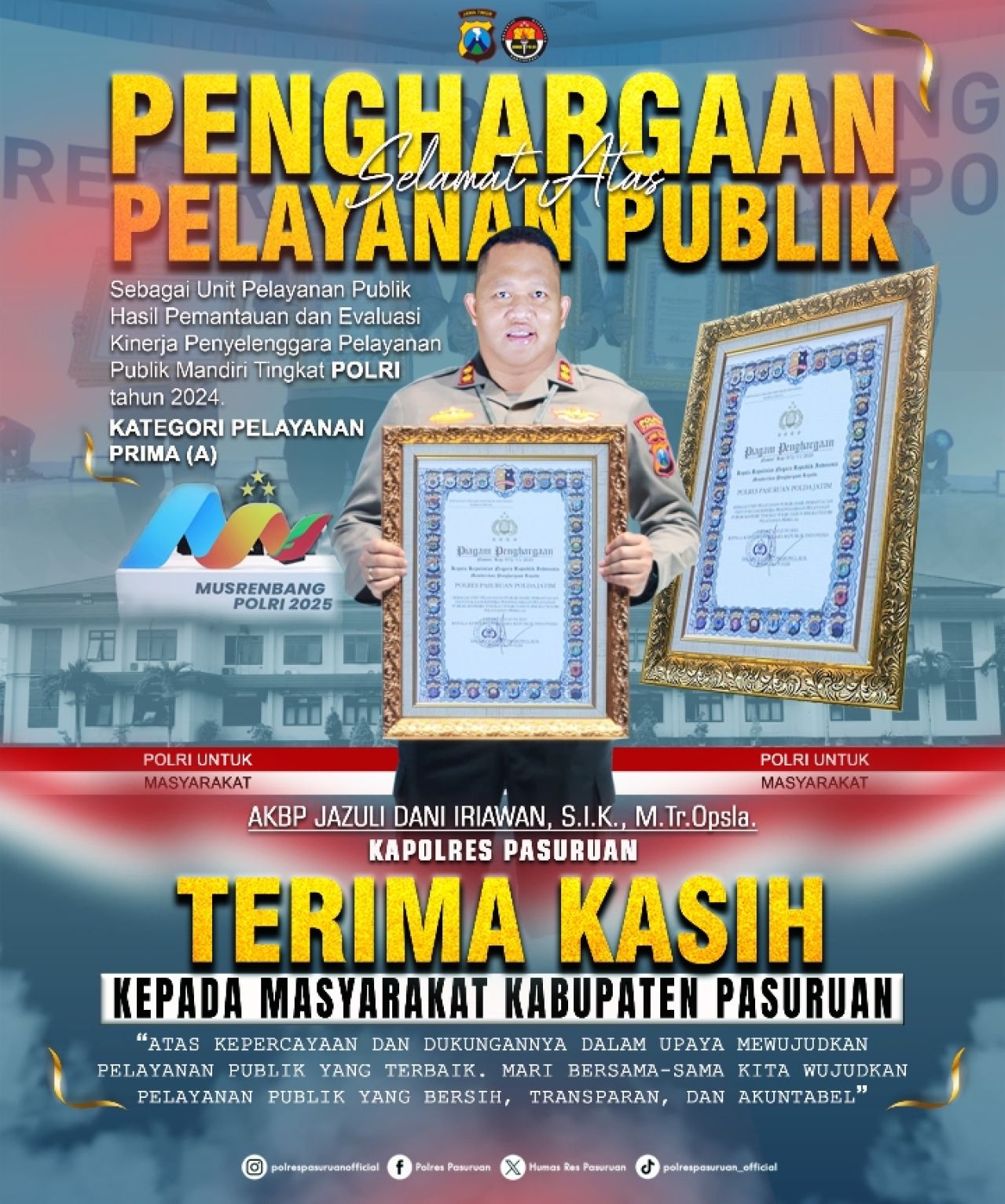 Polres Pasuruan Raih Penghargaan Pelayanan Prima di Musrenbang Polri 2025