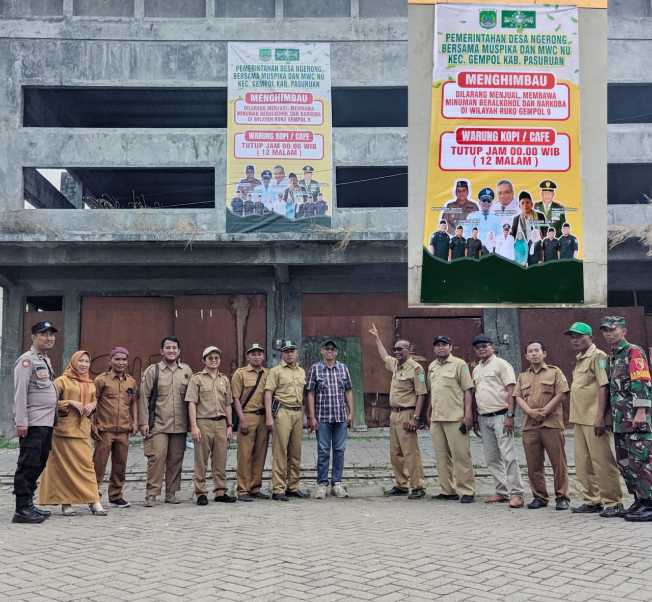 Pemasangan banner himbauan terkait peredaran miras dan jam operasional cafe oleh Pemdes Ngerong di kawasan Ruko Gempol 9 beberapa hari lalu