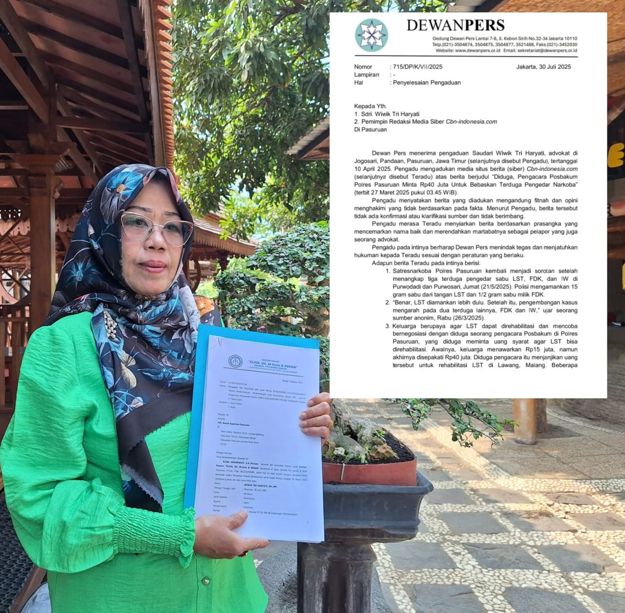 Elisa Andarwati Pengacara Wiwik Tri Hariyati menunjukan surat keberatan. Inzet : Rekomendasi Dewan Pers