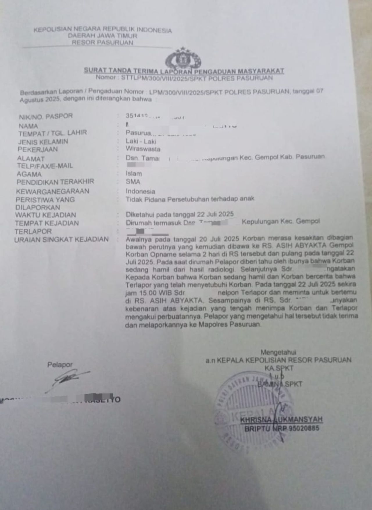 Bukti Laporan polisi dari pihak keluarga korban