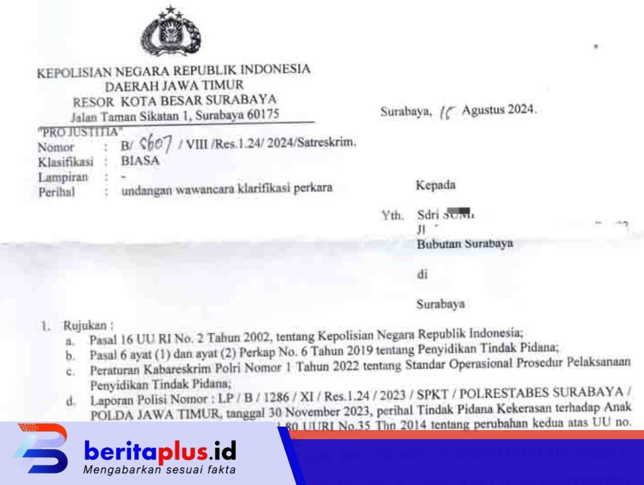 Surat panggilan kepada Sumiati