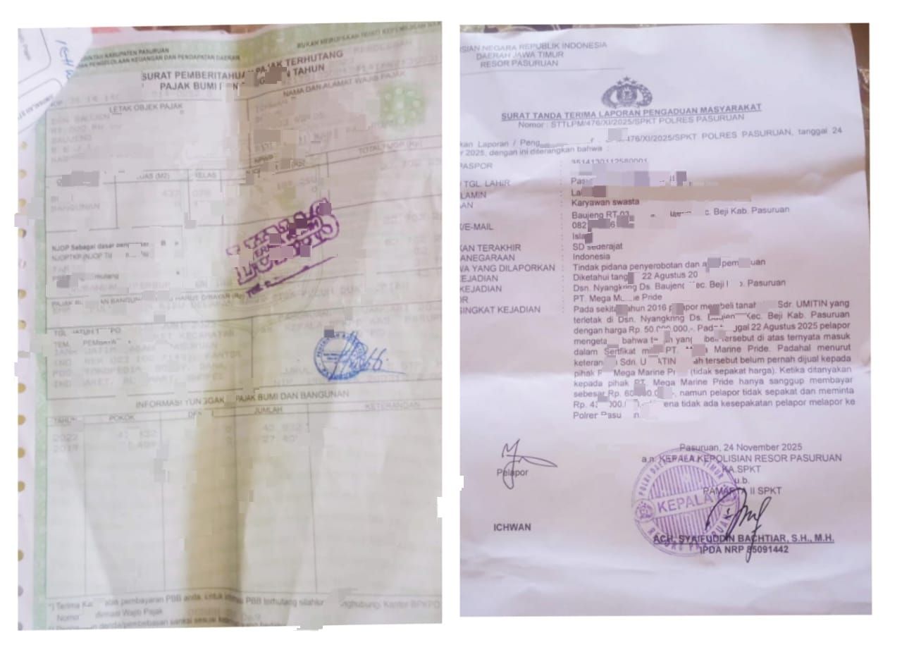 Bukti surat LP dan PBB atas nama Ichwan. Sedangkan tanahnya diduga masuk di dalam sertifikat milik WN yang diduga sebagai direktur PT MMP