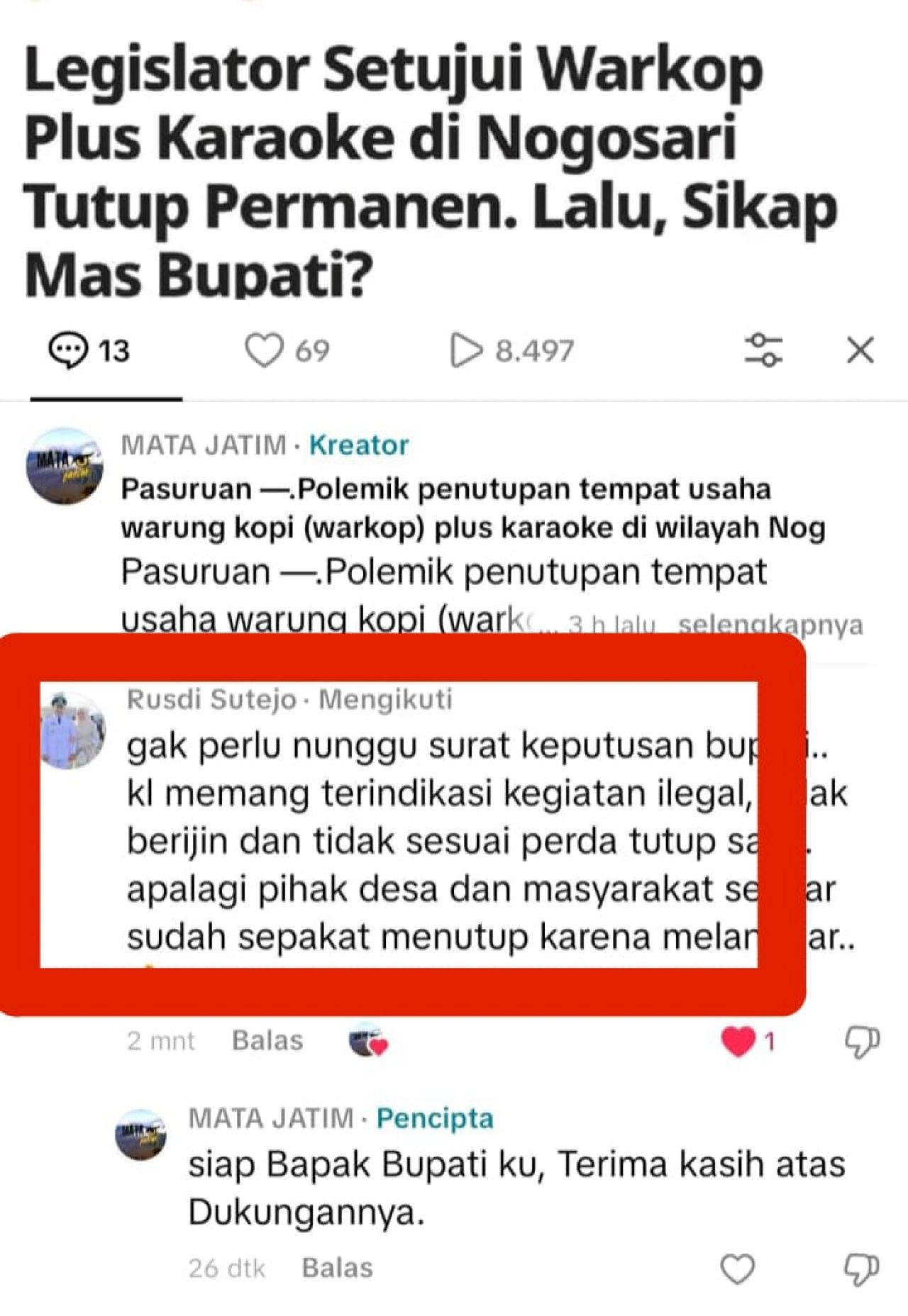 Komentar Bupati Pasuruan, Rusdi Sutedja di salah satu platform sosial media