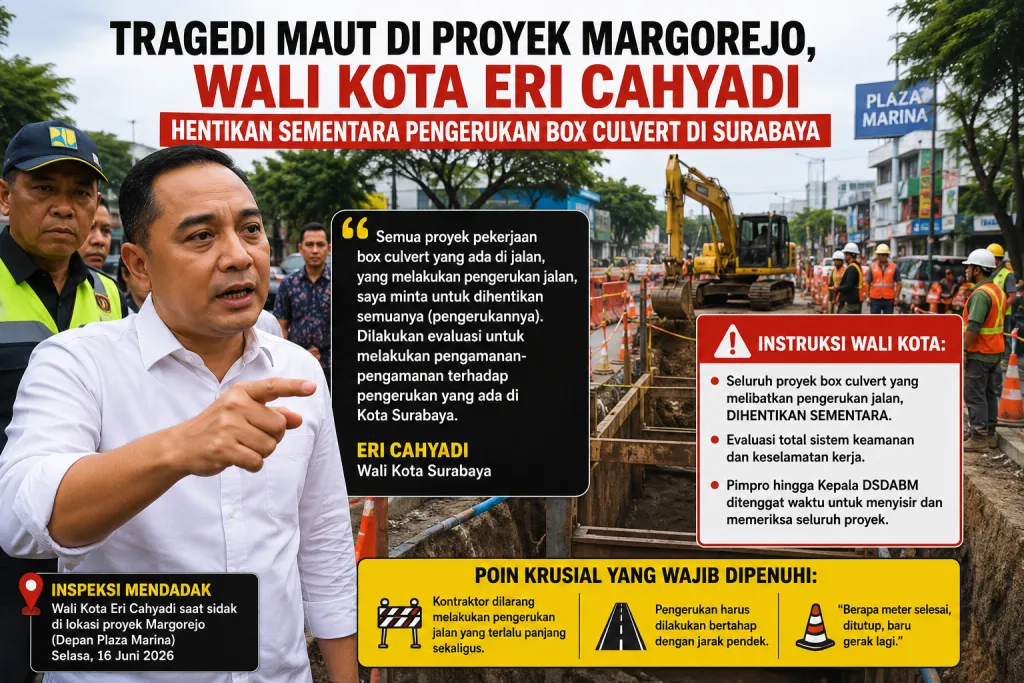 Tragedi Maut di Proyek Margorejo, Wali Kota Eri Cahyadi Hentikan Sementara Pengerukan Box Culvert di Surabaya