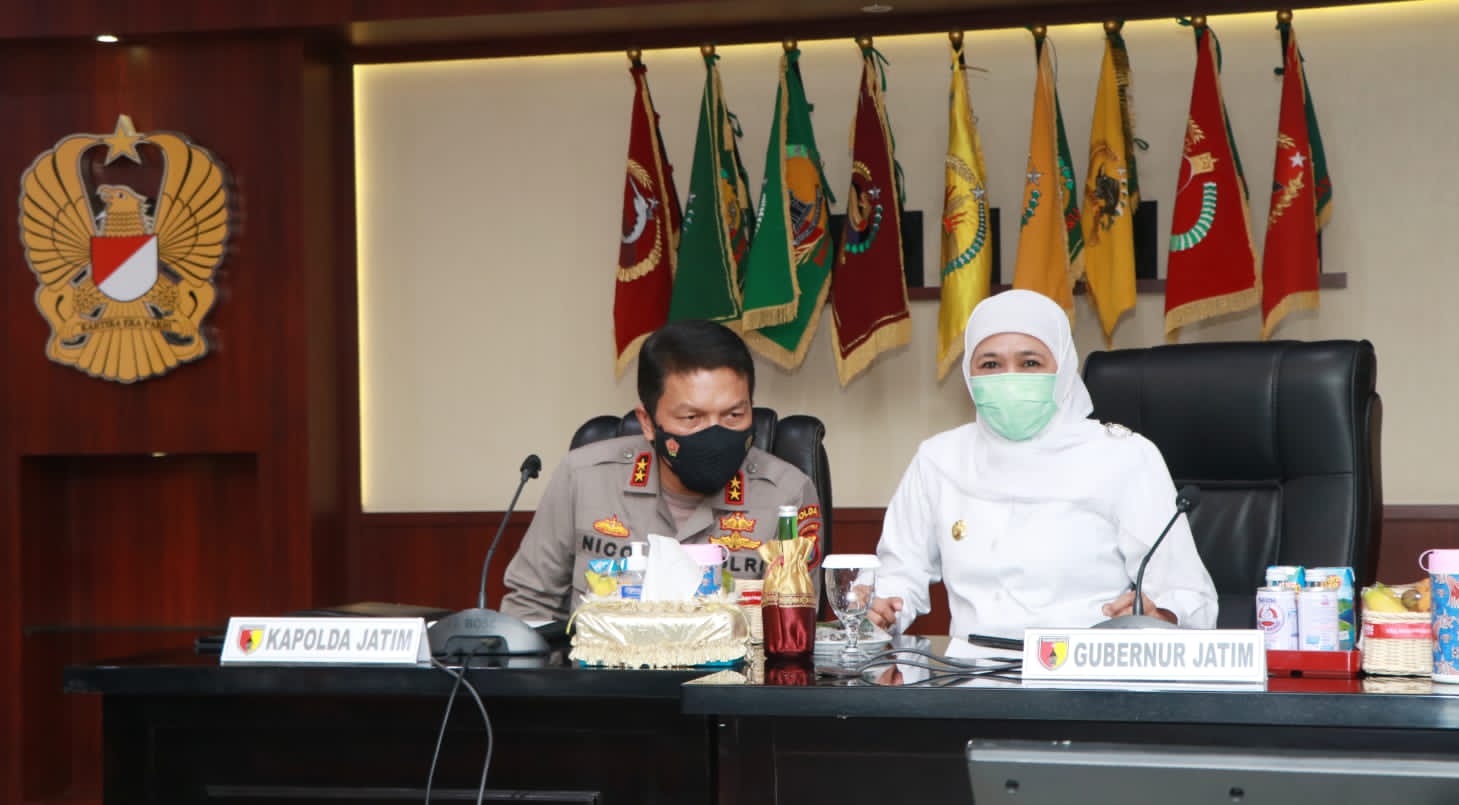 Forkopimda Jawa Timur, Gubernur Jatim Khofifah Indar Parawansa, Pangdam V Brawijaya Mayjen TNI Suharyanto, Kapolda Jawa Timur Irjen Pol Nico Afinta,