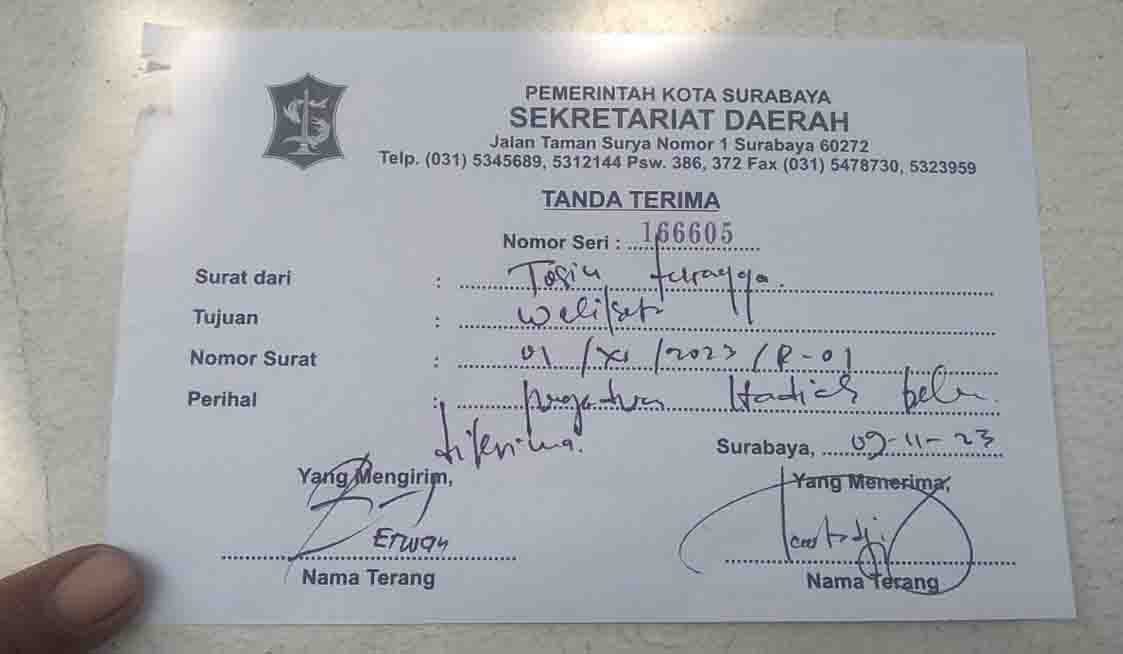 Tanda terima pengaduan dari Walikota Surabaya